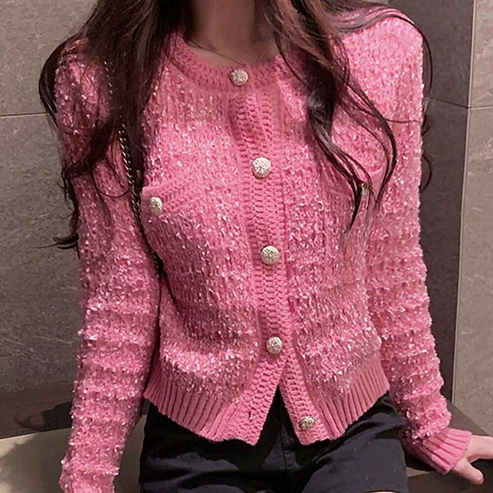 Pink Casual Women's Double Pocket Crew Neck Cardigan Tops